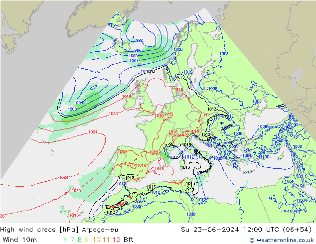 High wind areas Arpege-eu Su 23.06.2024 12 UTC