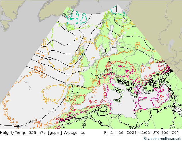 Hoogte/Temp. 925 hPa Arpege-eu vr 21.06.2024 12 UTC