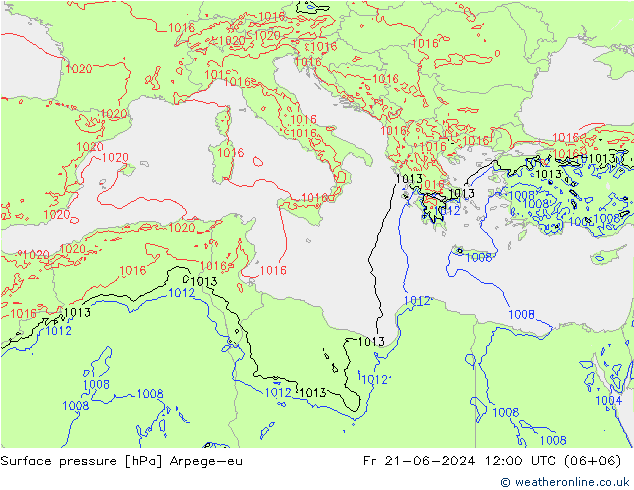 Pressione al suolo Arpege-eu ven 21.06.2024 12 UTC