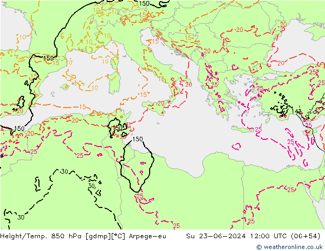 Geop./Temp. 850 hPa Arpege-eu dom 23.06.2024 12 UTC