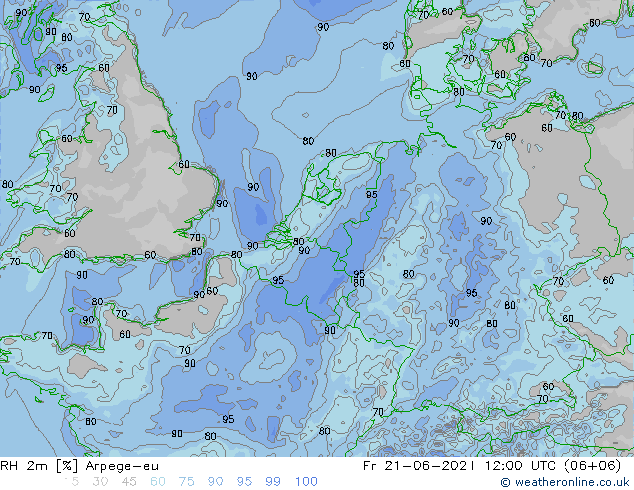 Humedad rel. 2m Arpege-eu vie 21.06.2024 12 UTC