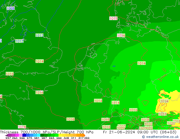 Thck 700-1000 гПа Arpege-eu пт 21.06.2024 09 UTC