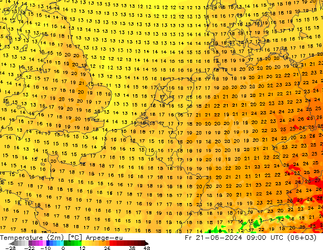 Temperatura (2m) Arpege-eu vie 21.06.2024 09 UTC