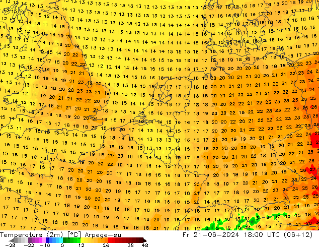 Temperaturkarte (2m) Arpege-eu Fr 21.06.2024 18 UTC