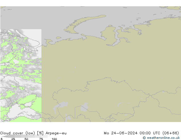 Cloud cover (low) Arpege-eu Mo 24.06.2024 00 UTC