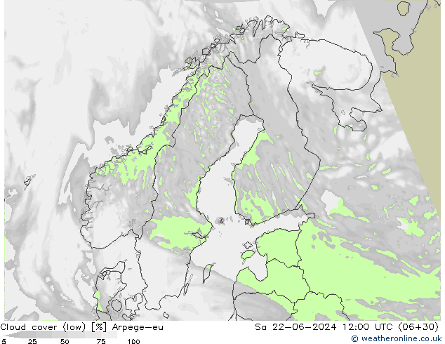 Cloud cover (low) Arpege-eu Sa 22.06.2024 12 UTC