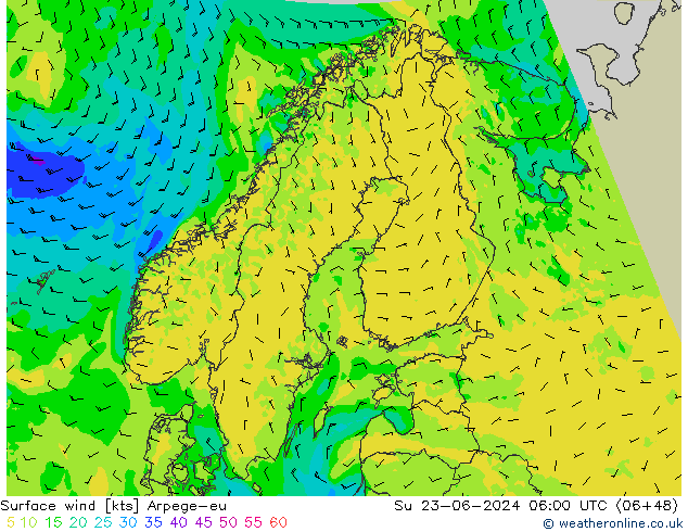 Wind 10 m Arpege-eu zo 23.06.2024 06 UTC