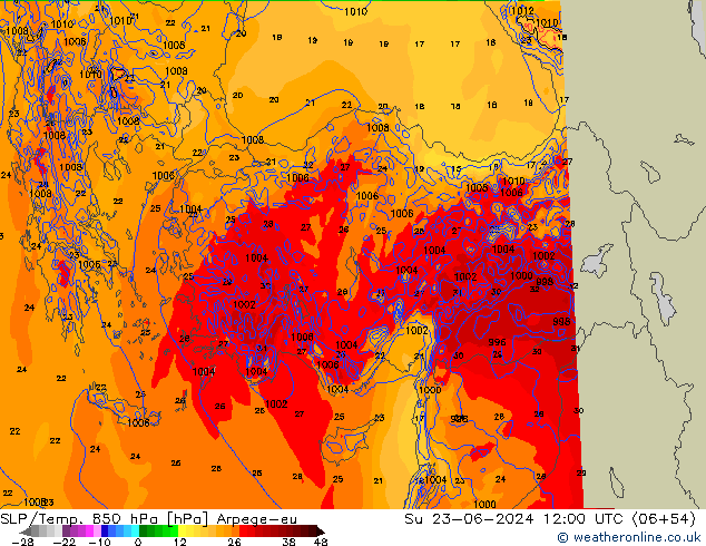 SLP/Temp. 850 гПа Arpege-eu Вс 23.06.2024 12 UTC