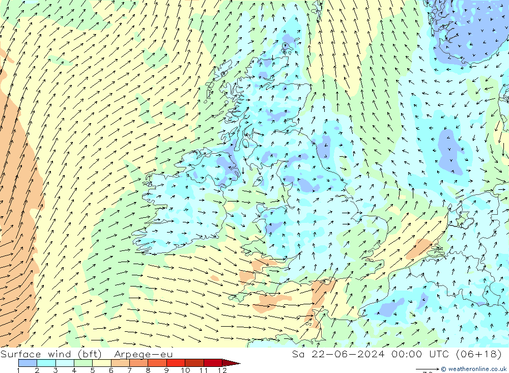 Surface wind (bft) Arpege-eu Sa 22.06.2024 00 UTC