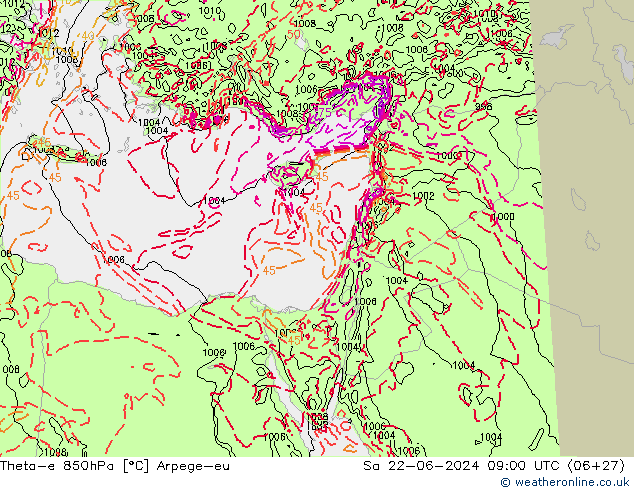 Theta-e 850гПа Arpege-eu сб 22.06.2024 09 UTC