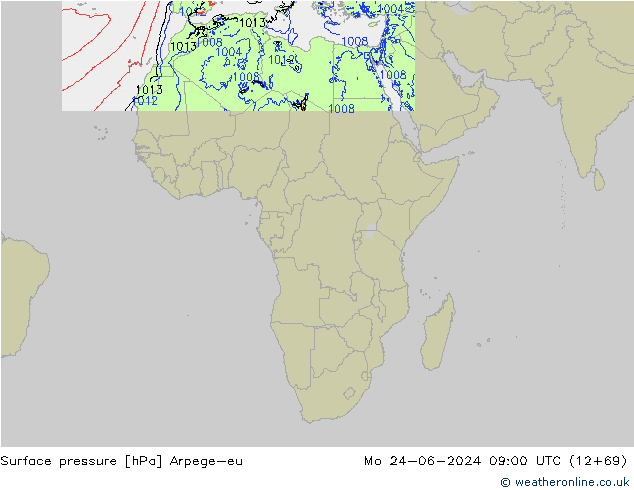 Atmosférický tlak Arpege-eu Po 24.06.2024 09 UTC