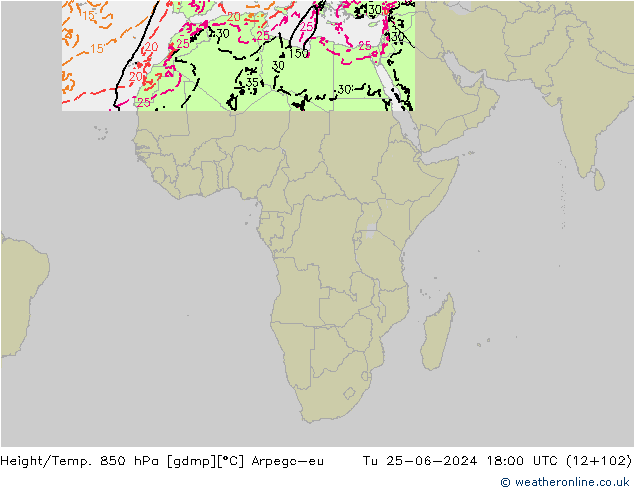 Height/Temp. 850 hPa Arpege-eu Tu 25.06.2024 18 UTC