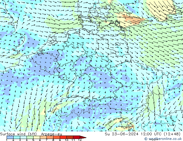 Wind 10 m (bft) Arpege-eu zo 23.06.2024 12 UTC