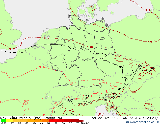 Max. wind velocity Arpege-eu sam 22.06.2024 09 UTC