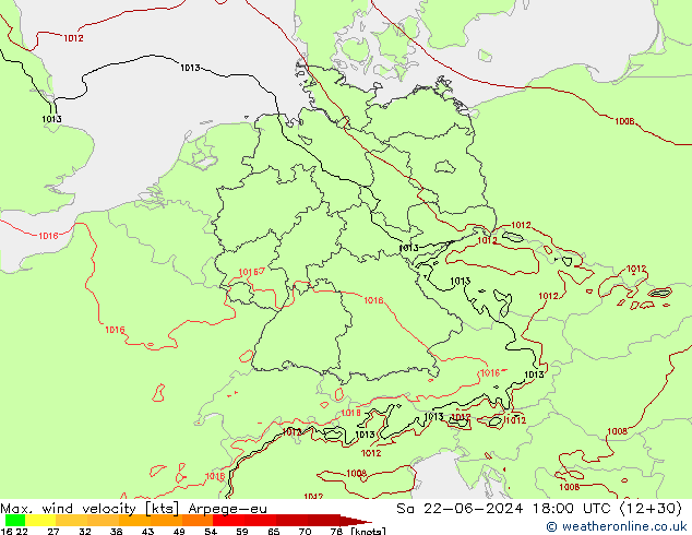 Max. wind snelheid Arpege-eu za 22.06.2024 18 UTC