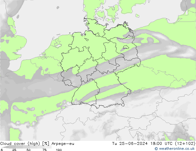 Cloud cover (high) Arpege-eu Tu 25.06.2024 18 UTC