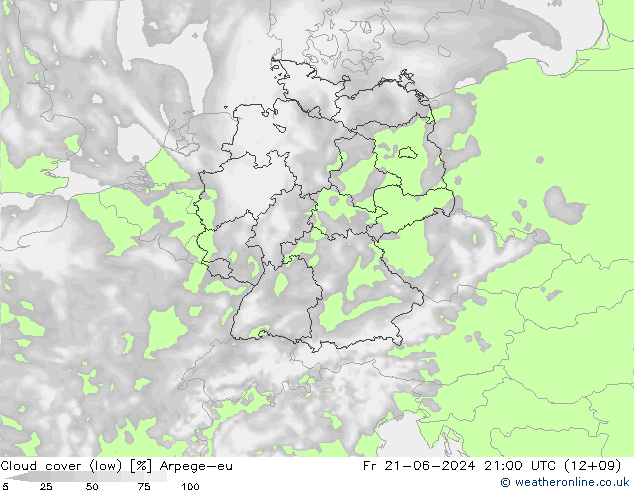 Cloud cover (low) Arpege-eu Fr 21.06.2024 21 UTC