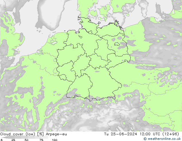 Cloud cover (low) Arpege-eu Tu 25.06.2024 12 UTC