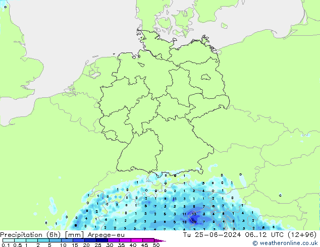 Precipitação (6h) Arpege-eu Ter 25.06.2024 12 UTC
