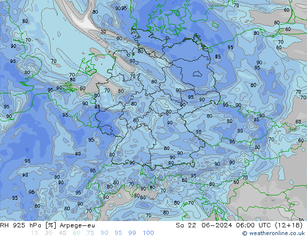 Humidité rel. 925 hPa Arpege-eu sam 22.06.2024 06 UTC