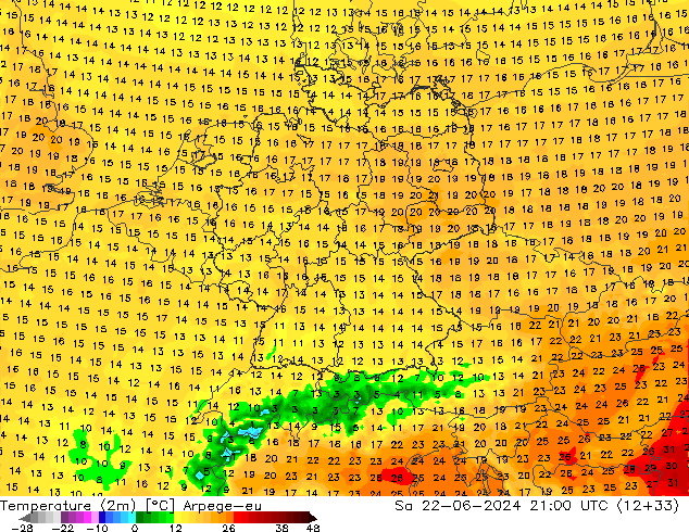 Sıcaklık Haritası (2m) Arpege-eu Cts 22.06.2024 21 UTC