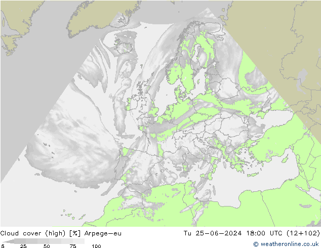 Cloud cover (high) Arpege-eu Tu 25.06.2024 18 UTC