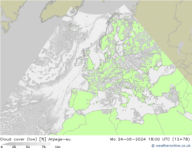 Cloud cover (low) Arpege-eu Mo 24.06.2024 18 UTC