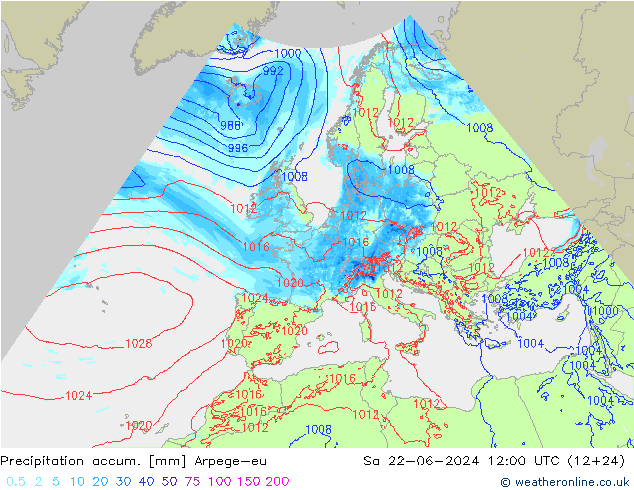 Precipitation accum. Arpege-eu Sa 22.06.2024 12 UTC