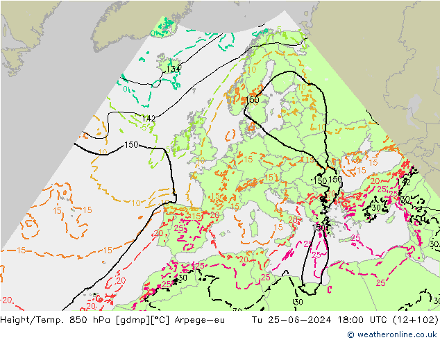 Hoogte/Temp. 850 hPa Arpege-eu di 25.06.2024 18 UTC