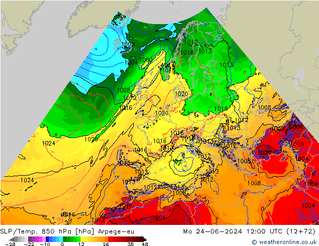 SLP/Temp. 850 hPa Arpege-eu Mo 24.06.2024 12 UTC