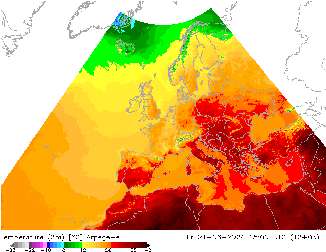 Temperaturkarte (2m) Arpege-eu Fr 21.06.2024 15 UTC
