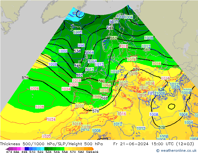 Schichtdicke 500-1000 hPa Arpege-eu Fr 21.06.2024 15 UTC