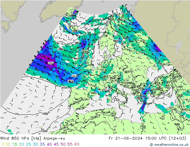 ветер 850 гПа Arpege-eu пт 21.06.2024 15 UTC