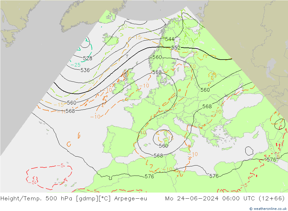 Height/Temp. 500 hPa Arpege-eu Po 24.06.2024 06 UTC