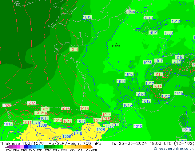 Thck 700-1000 hPa Arpege-eu Tu 25.06.2024 18 UTC