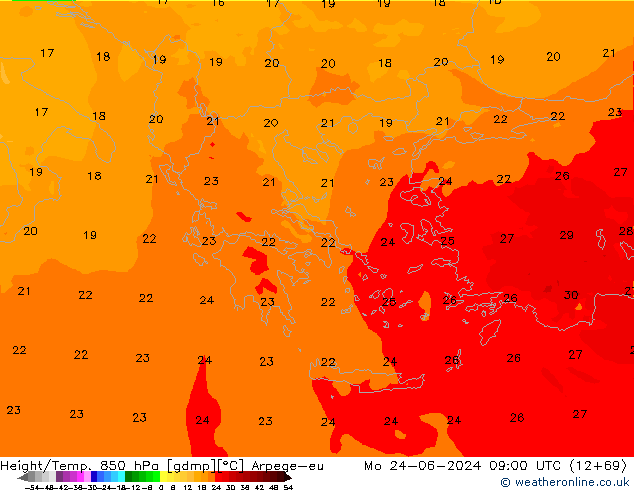 Height/Temp. 850 гПа Arpege-eu пн 24.06.2024 09 UTC