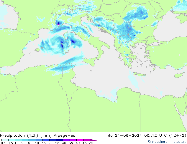 Precipitation (12h) Arpege-eu Mo 24.06.2024 12 UTC