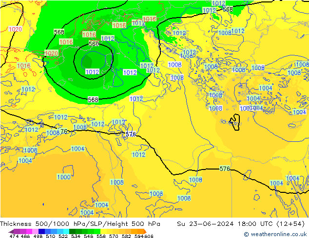 Espesor 500-1000 hPa Arpege-eu dom 23.06.2024 18 UTC