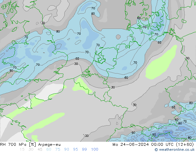 RH 700 hPa Arpege-eu 星期一 24.06.2024 00 UTC