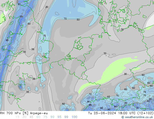 RH 700 hPa Arpege-eu Tu 25.06.2024 18 UTC
