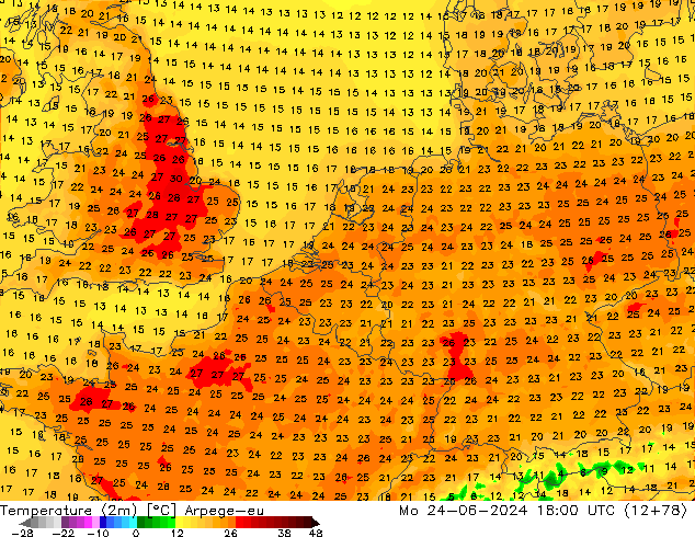 温度图 Arpege-eu 星期一 24.06.2024 18 UTC