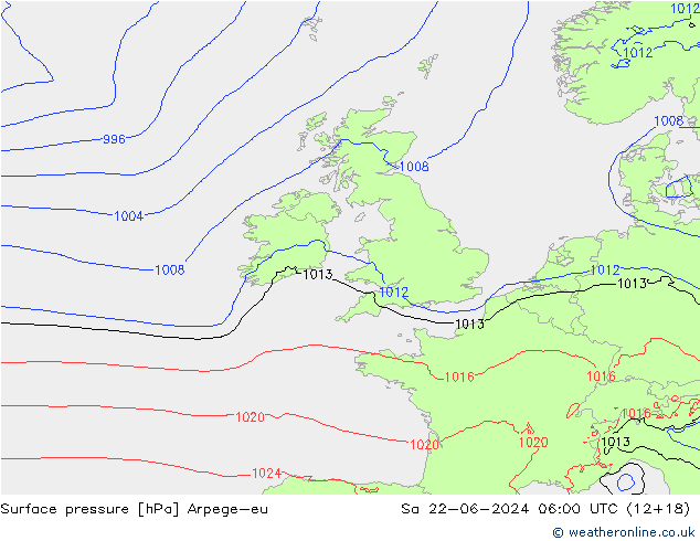 Surface pressure Arpege-eu Sa 22.06.2024 06 UTC