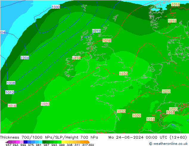 700-1000 hPa Kalınlığı Arpege-eu Pzt 24.06.2024 00 UTC