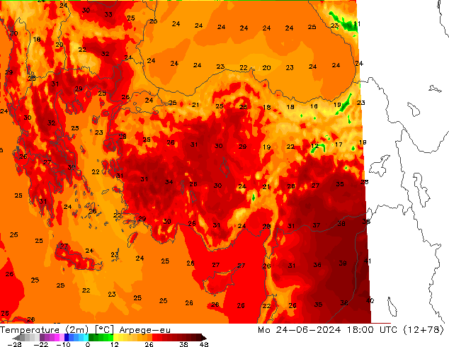 Temperatuurkaart (2m) Arpege-eu ma 24.06.2024 18 UTC