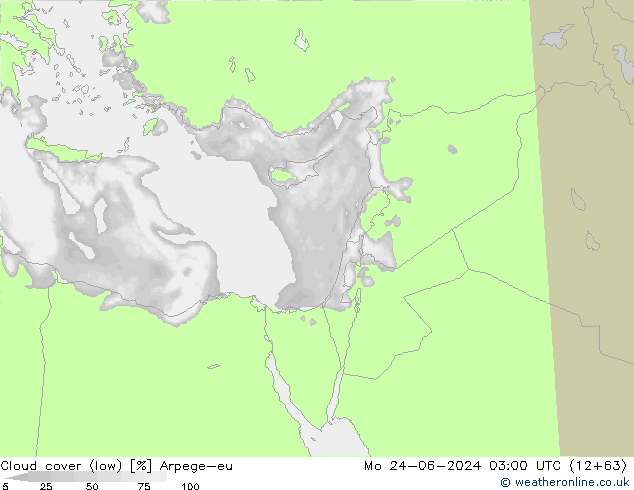Cloud cover (low) Arpege-eu Mo 24.06.2024 03 UTC