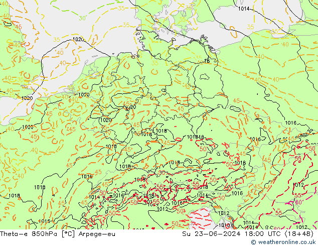 Theta-e 850hPa Arpege-eu zo 23.06.2024 18 UTC