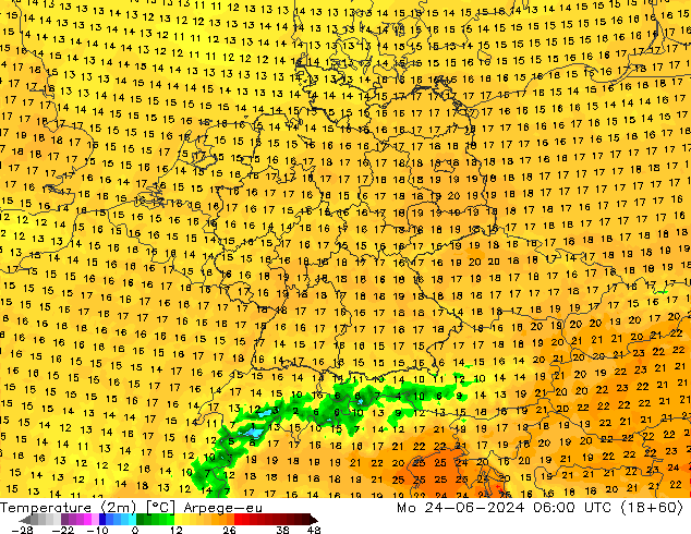 Temperatura (2m) Arpege-eu lun 24.06.2024 06 UTC