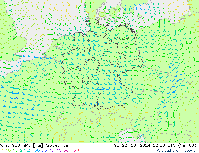 ветер 850 гПа Arpege-eu сб 22.06.2024 03 UTC