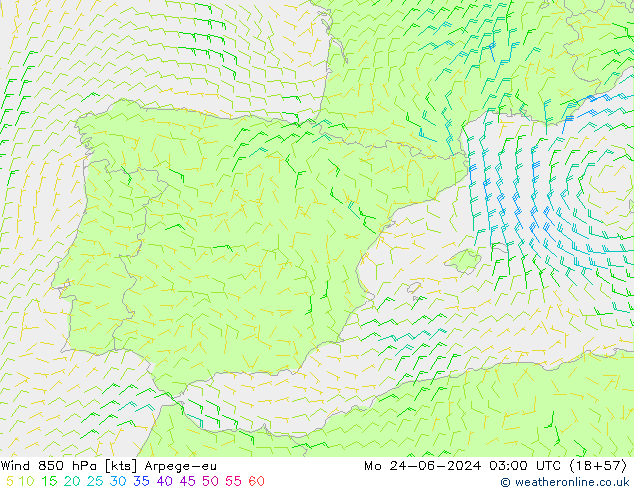 Wind 850 hPa Arpege-eu Mo 24.06.2024 03 UTC