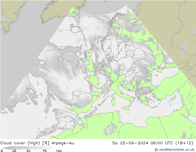 Cloud cover (high) Arpege-eu Sa 22.06.2024 06 UTC